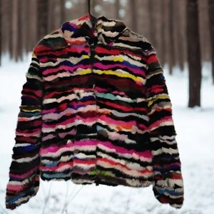 Colorful Striped Mink Fur Hooded Jacket